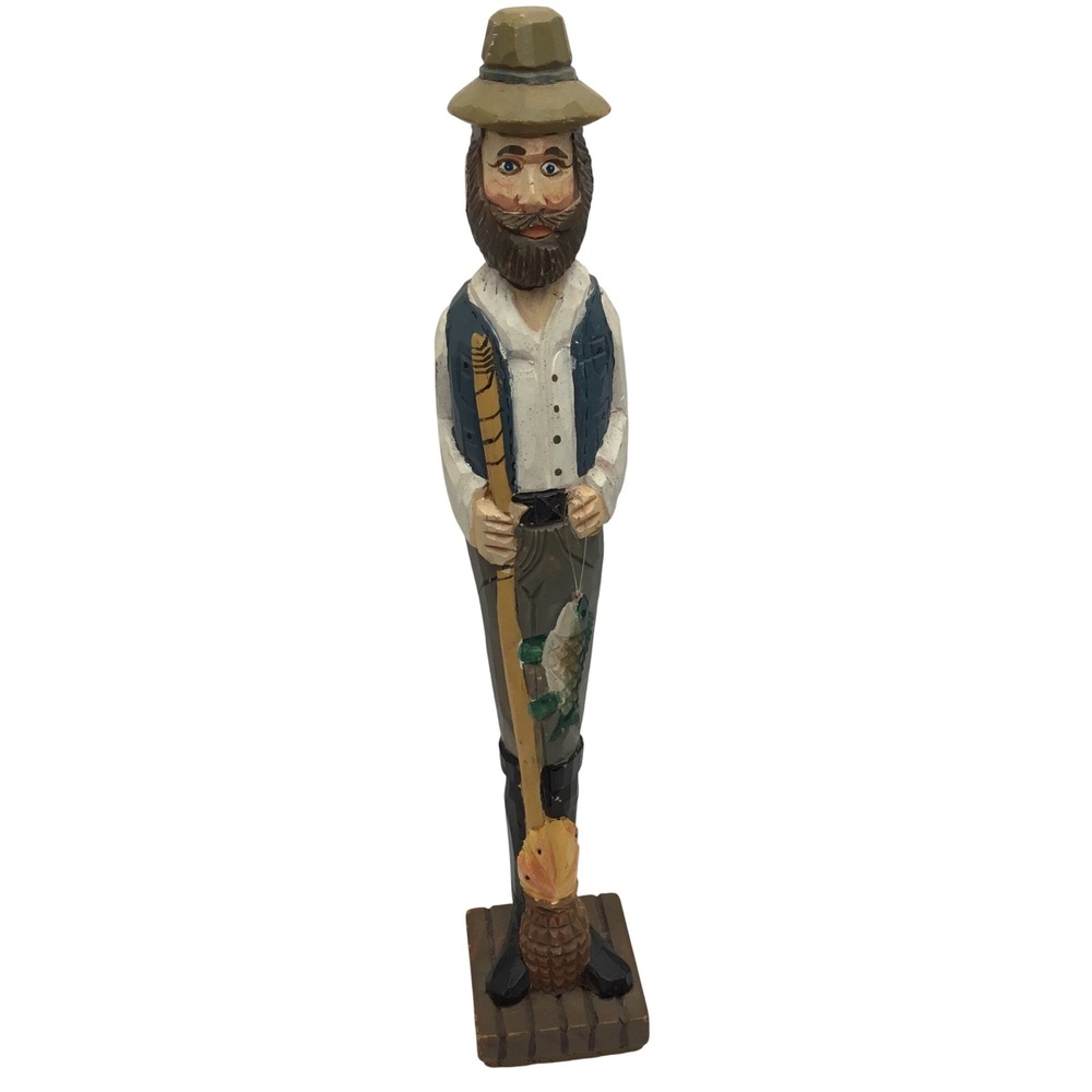 Vintage Hand Carved Wood Fisherman Figurine Folk Art Bearded Angler Statue 13.5"